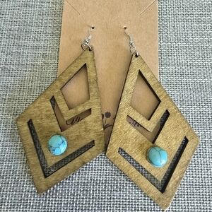 Brown Wood Turquoise Stone Diamond Shaped Dangle Earrings